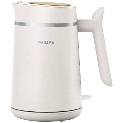 Bollitore elettrico dal design moderno, bianco con dettagli argentati, coperchio in legno, con il nome del marchio 'Philips' sul lato.