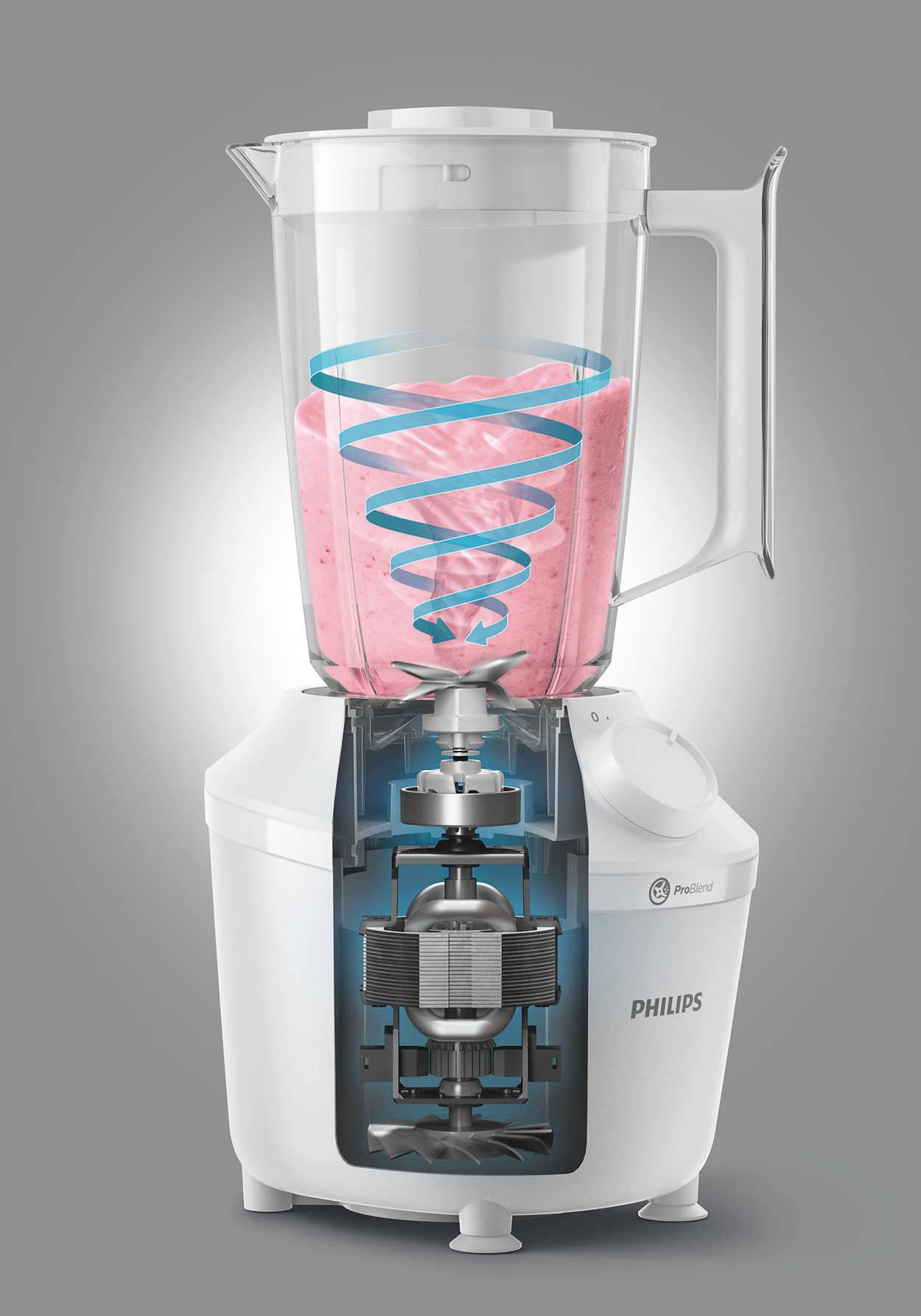 Un frullatore con contenitore trasparente è riempito a metà con un frullato rosa. Una linea a spirale mostra il processo di miscelazione.