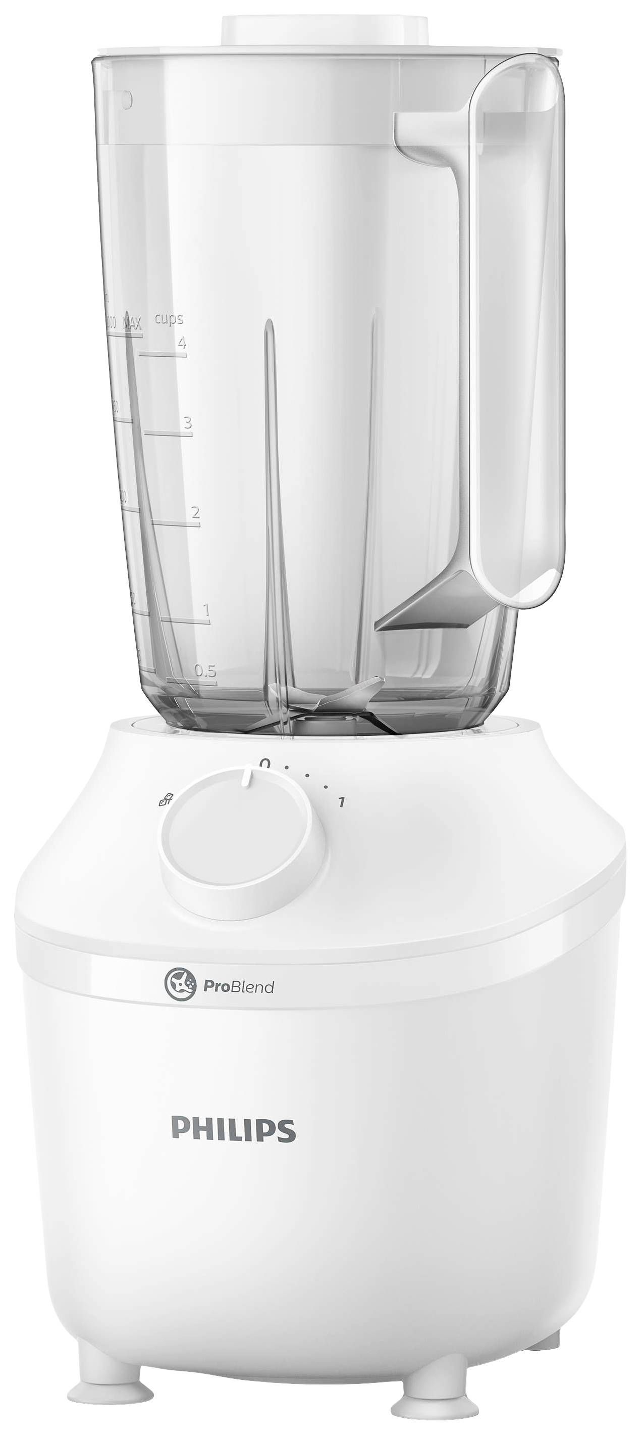 Impastatrice Philips bianca con recipiente per frullare trasparente. Sono visibili i segni di scala e la manopola di controllo.