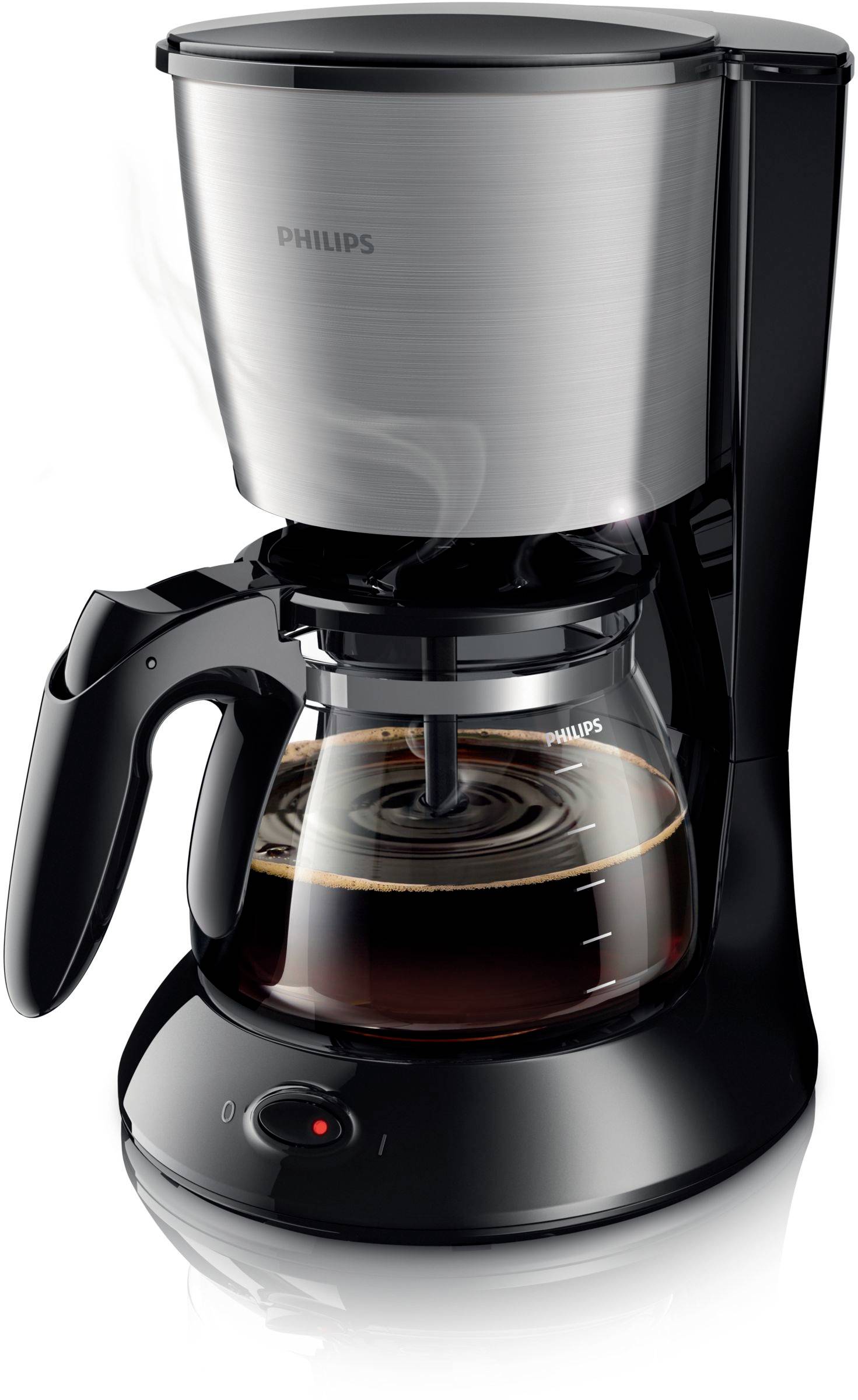 Macchina per caffè filtrato con frontale in acciaio inox, caraffa nera e caffè fumante.