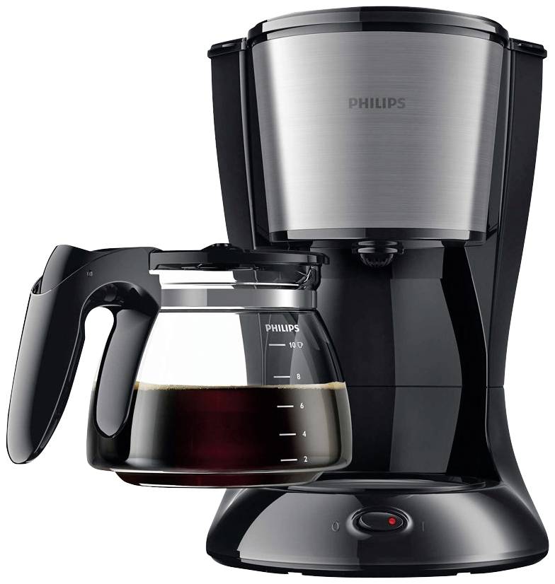 Una macchina da caffè Philips nera con caraffa di vetro, riempita a metà di caffè, su una base con interruttore rosso.