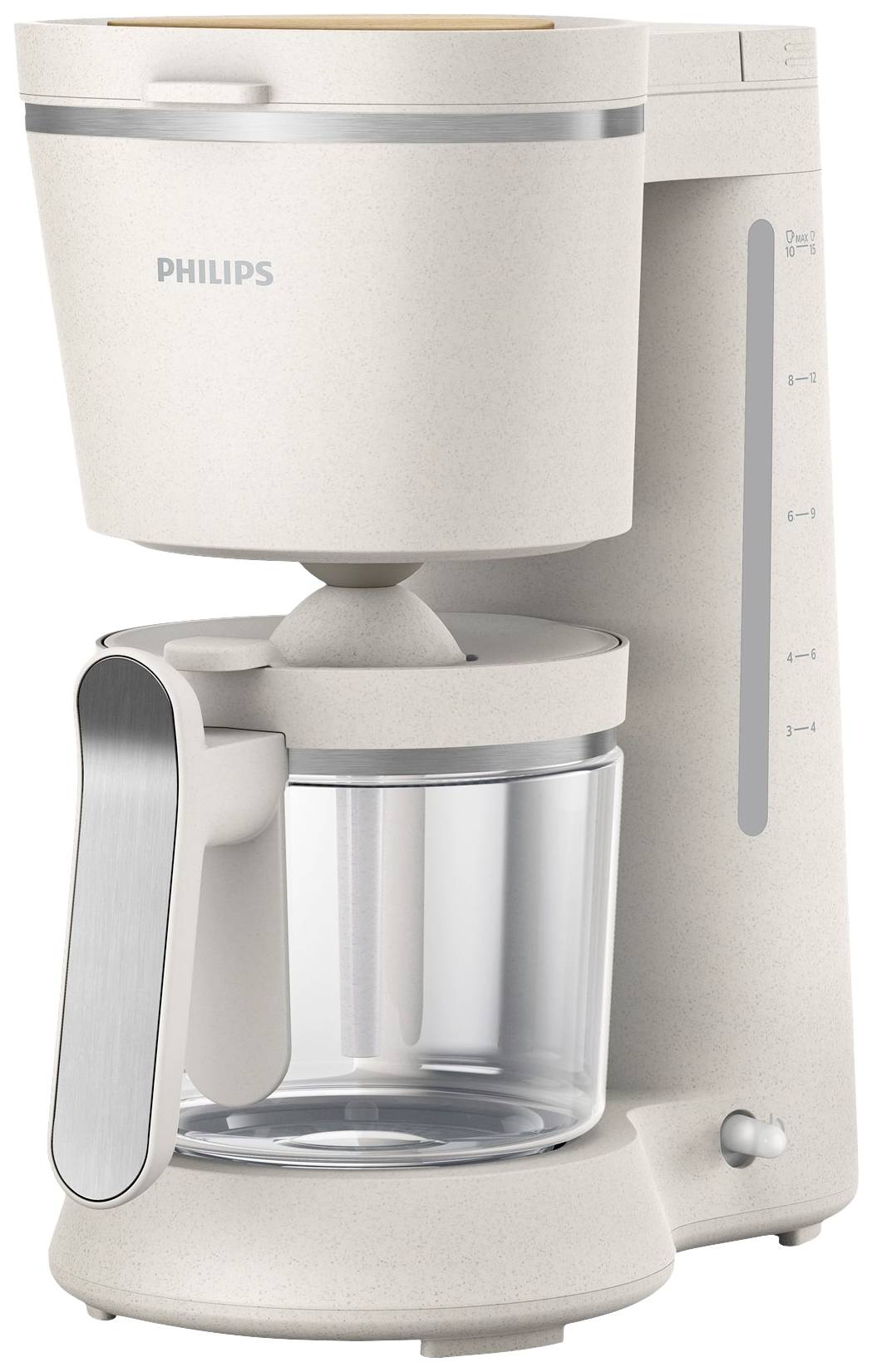 Macchina da caffè dal design moderno con caraffa in vetro e indicatore del livello dell'acqua sul lato destro.