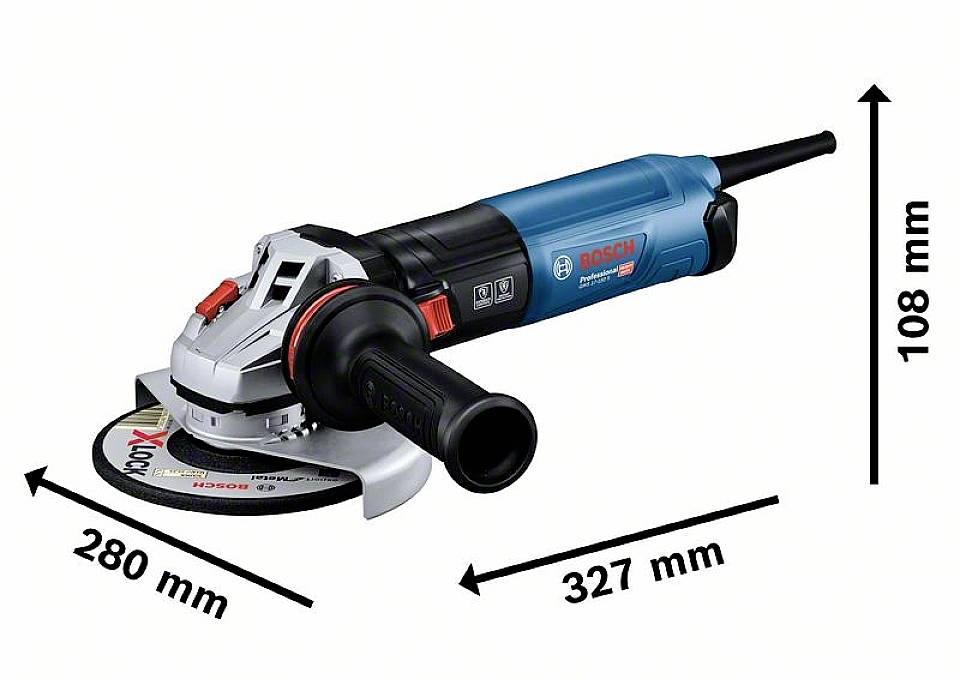 Smerigliatrice angolare con impugnatura blu, diametro disco da 280 mm, lunghezza 327 mm e altezza 108 mm. Logo del marchio sul lato.