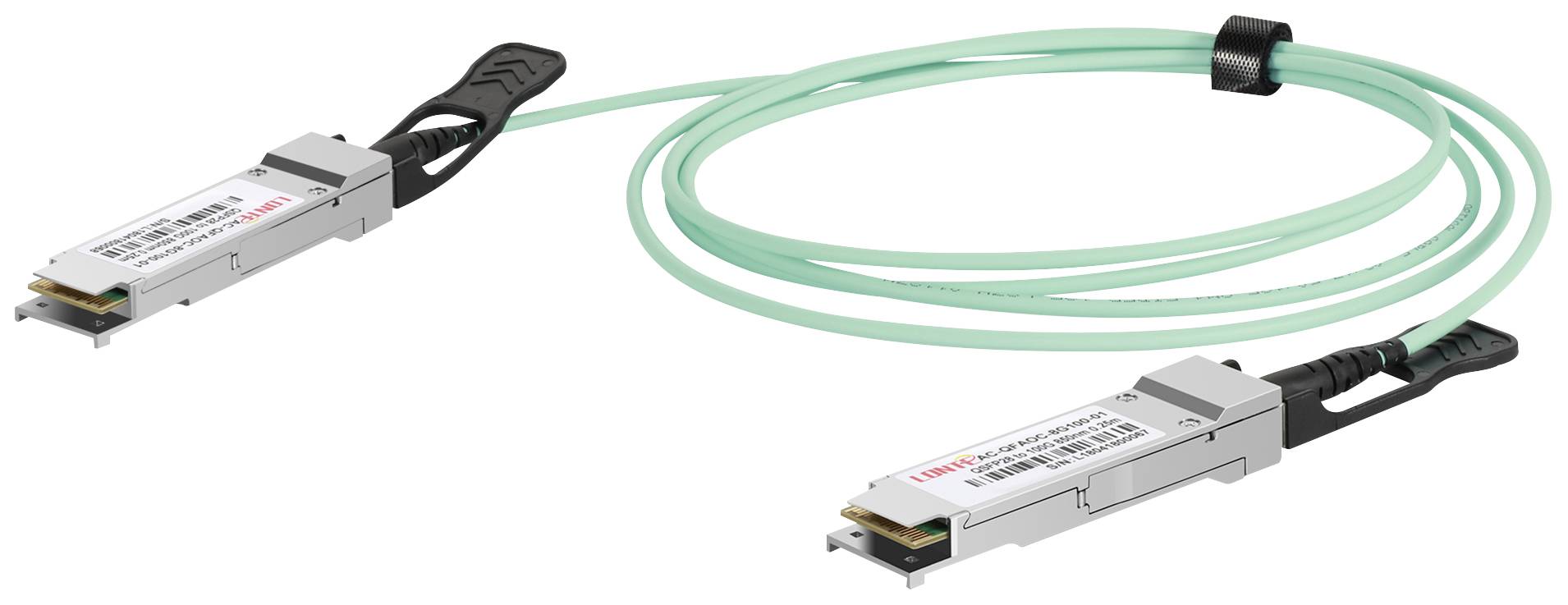 Cavo in fibra ottica LWL con due moduli QSFP+ alle estremità, collegati da un cavo turchese. Idoneo per trasmissione dati ad alta velocità.