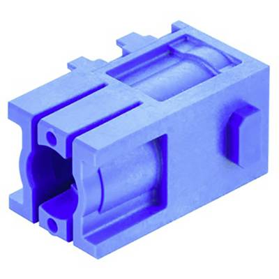 Parte blu in plastica con aperture rettangolari e rilievi laterali, probabilmente un componente meccanico o tecnico.