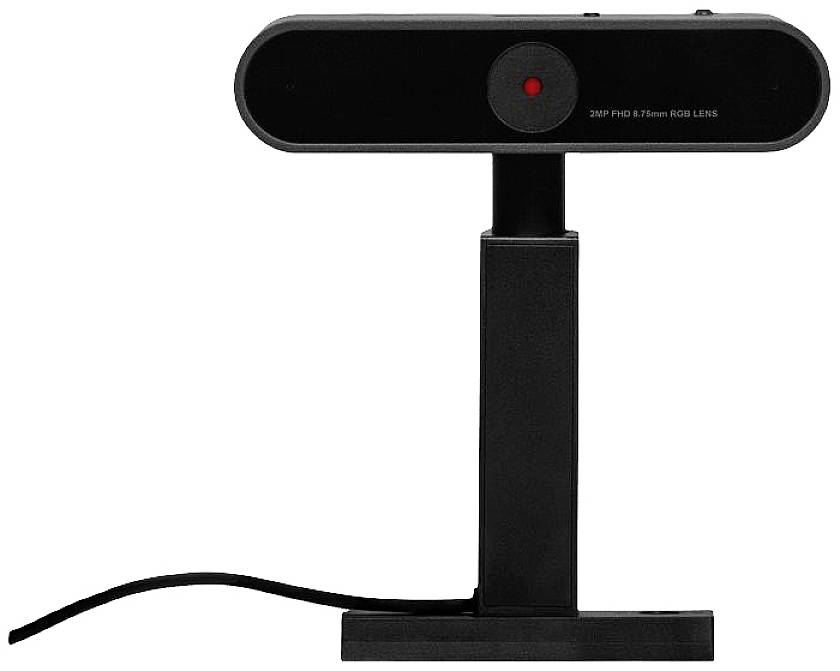 Una webcam nera con alloggiamento dell'obiettivo su un supporto, è visibile un punto rosso, con cavo collegato.