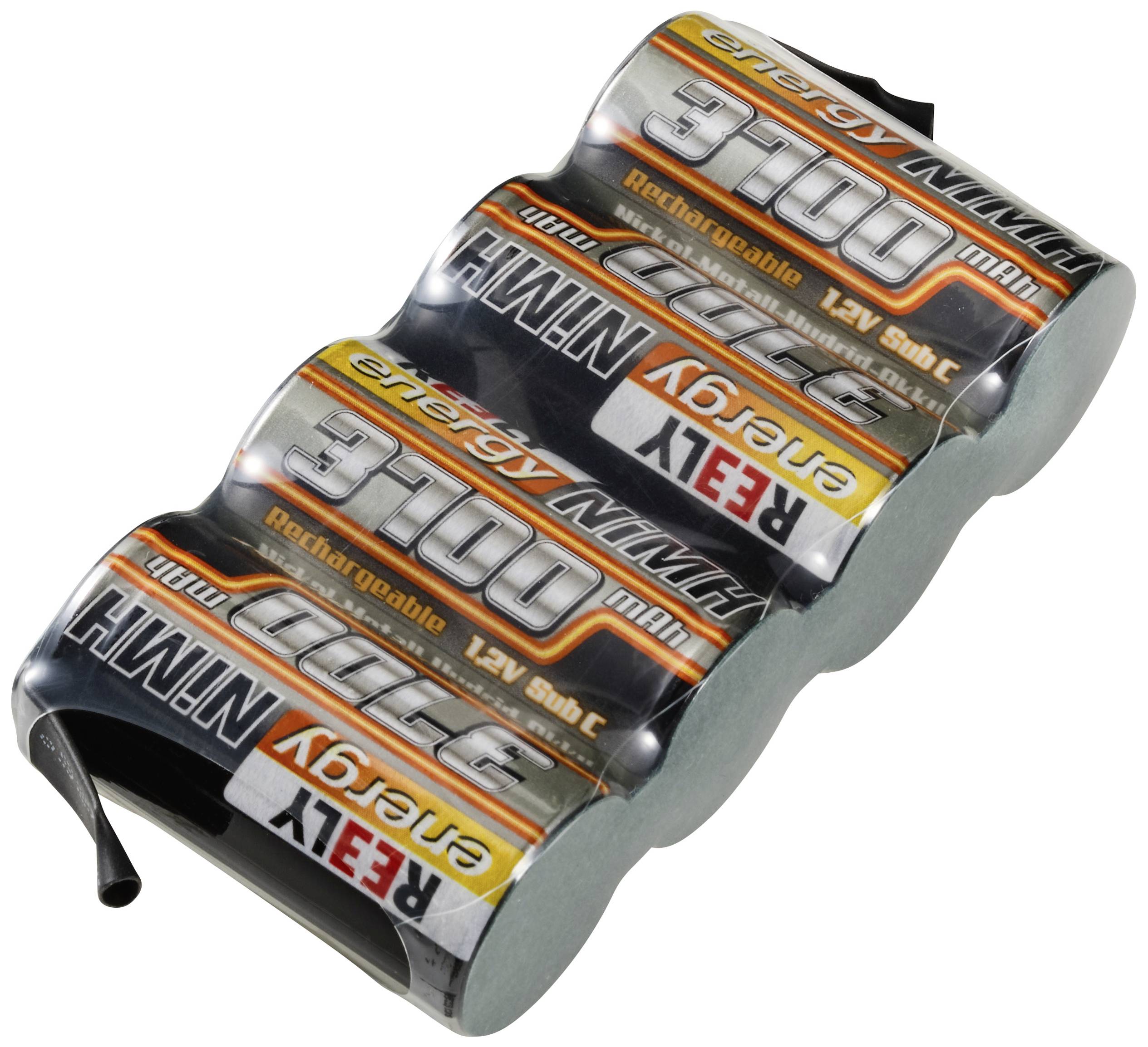 Un pacco da 3 batterie ricaricabili NiMH, 1,2V, 3.100 mAh, impilate in fila, con etichettatura arancione-argento.