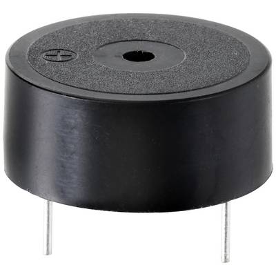 Buzzer piezoelettrico nero a cilindro, con due perni metallici sul lato inferiore, tipicamente utilizzato in dispositivi elettronici per la segnalazione acustica.