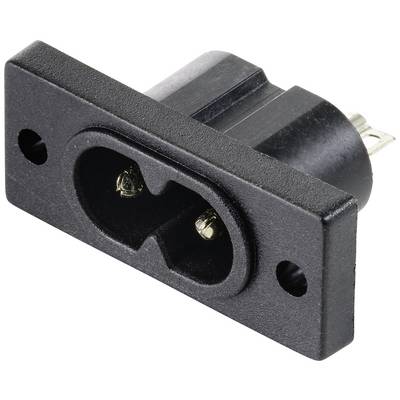 Un connettore nero da incasso per apparecchi a bassa temperatura con due contatti metallici e flangia rettangolare. Adatto per connessioni elettriche.