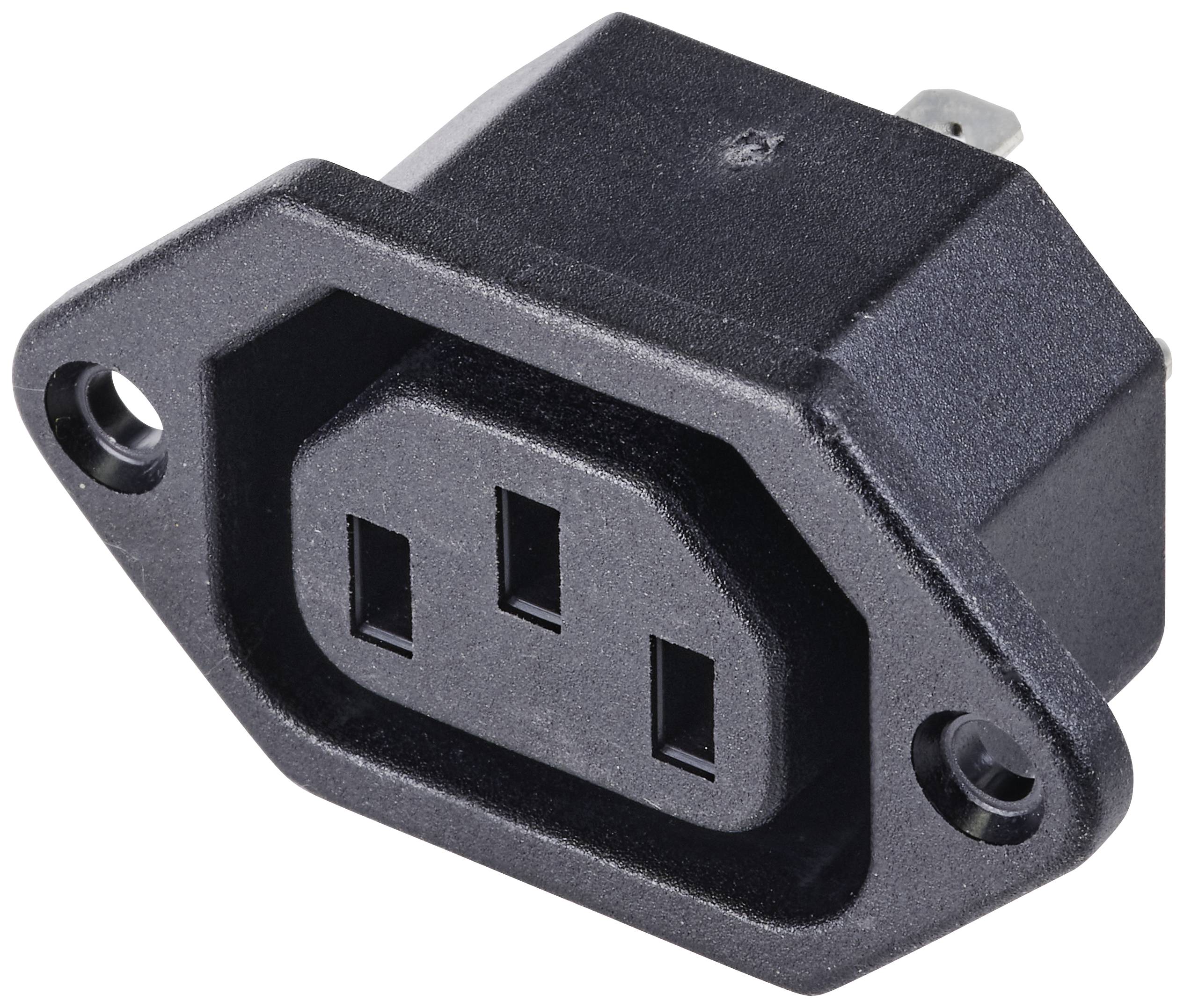 Presa di rete, IEC 320 C13, forma rettangolare, montabile con due fori per viti. Alloggiamento in plastica nera con tre contatti.