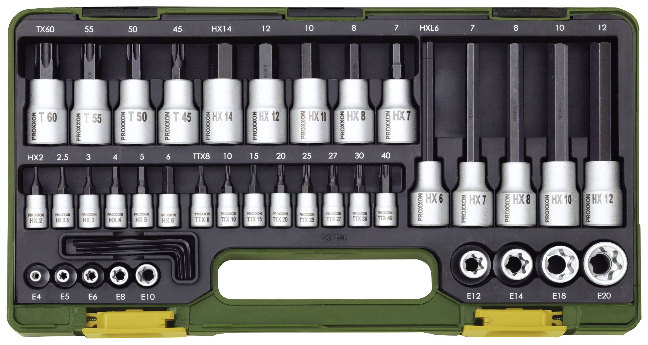 Set di chiavi a bussola in scatola verde aperta, comprende vari inserti esagonali e Torx, nonché chiavi a brugola di diverse dimensioni.