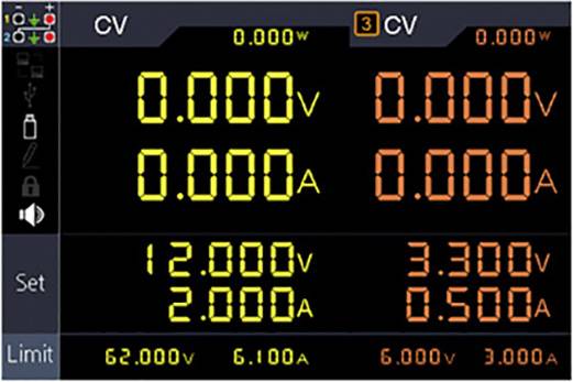 'Strumento di visualizzazione digitale con tensione di 12.000V e corrente di 2.000A in basso a sinistra. In alto a destra tensione 3.300V, corrente 0.500A.'