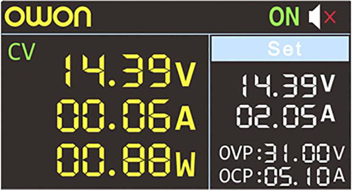 L'immagine mostra un display digitale di un dispositivo elettronico con i valori: 14,39V, 0,06A, 0,88W. Display su 'Set'.
