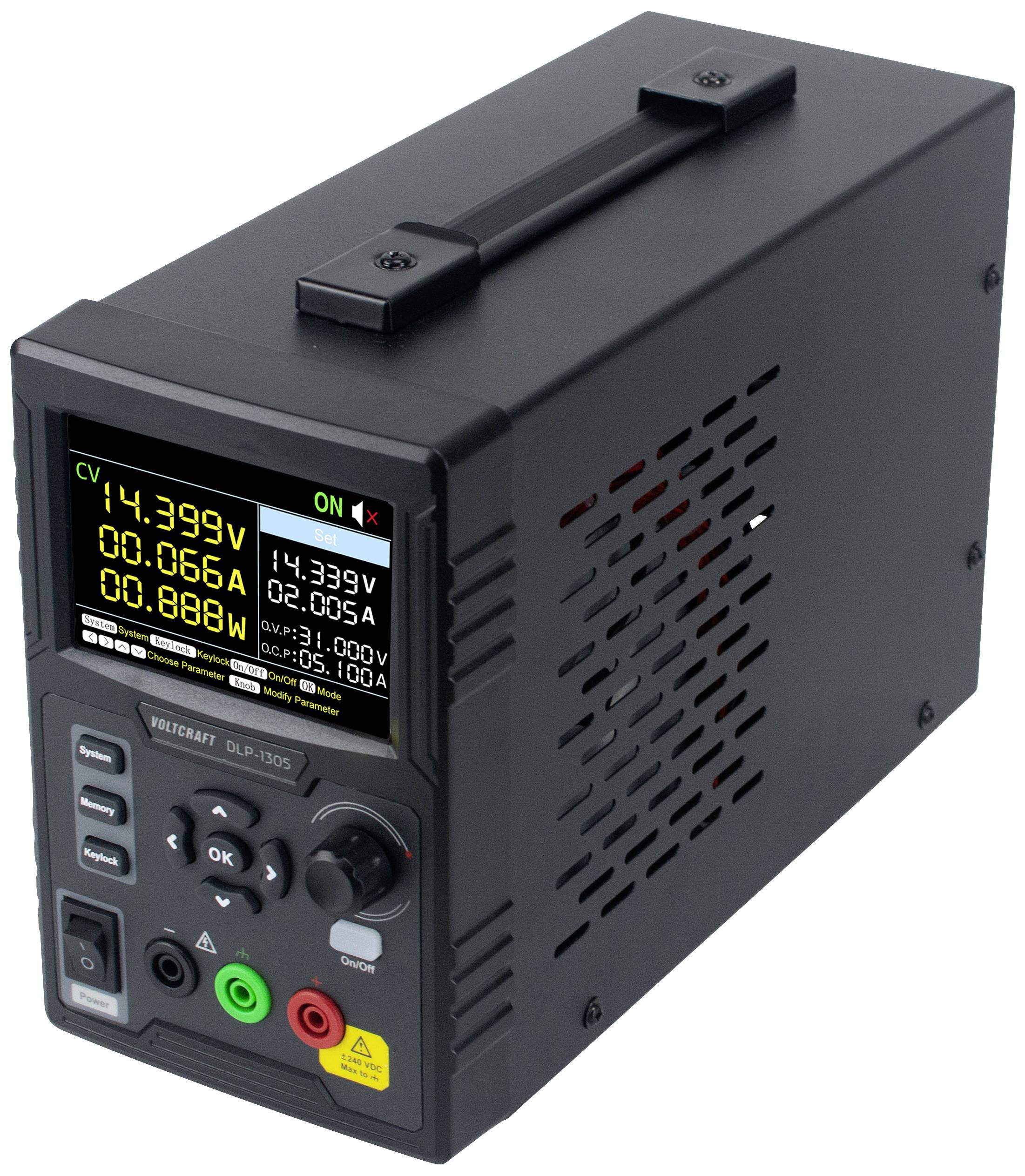 Dispositivo di misurazione digitale nero con display LED che mostra tensione (14,399V) e intensità di corrente (3,005A). Comandi fisici sul lato frontale.