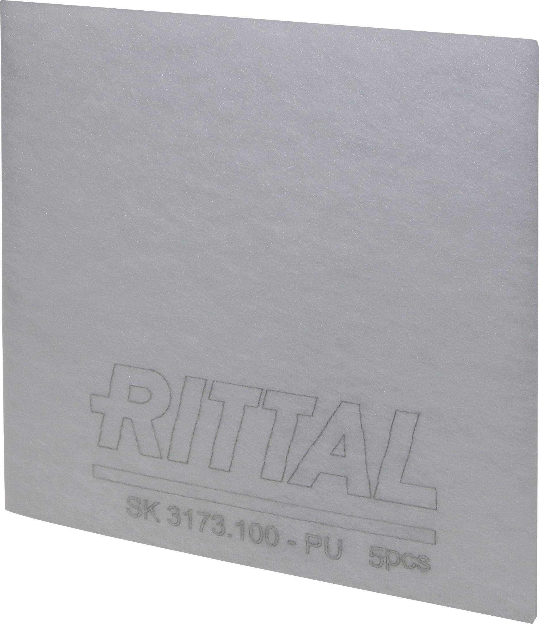 Un pacchetto di feltro filtrante grigio con la scritta 'Rittal SK 3173.100 - PU 5 pz'.