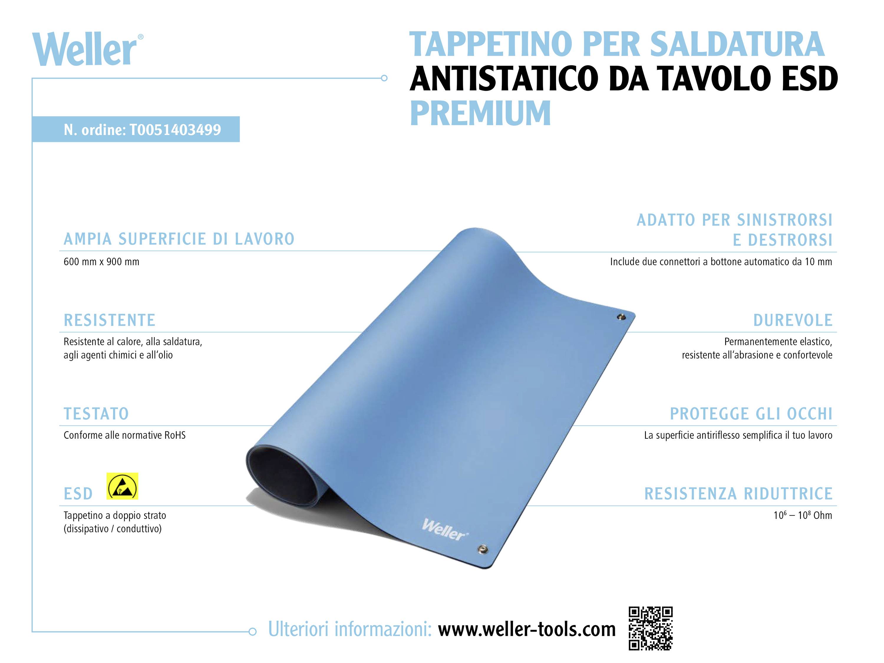 Tappetino ESD Premium Weller con ampia superficie di lavoro 600x900 mm, durevole, resistente al calore e ai prodotti chimici, adatto a destrorsi e mancini.