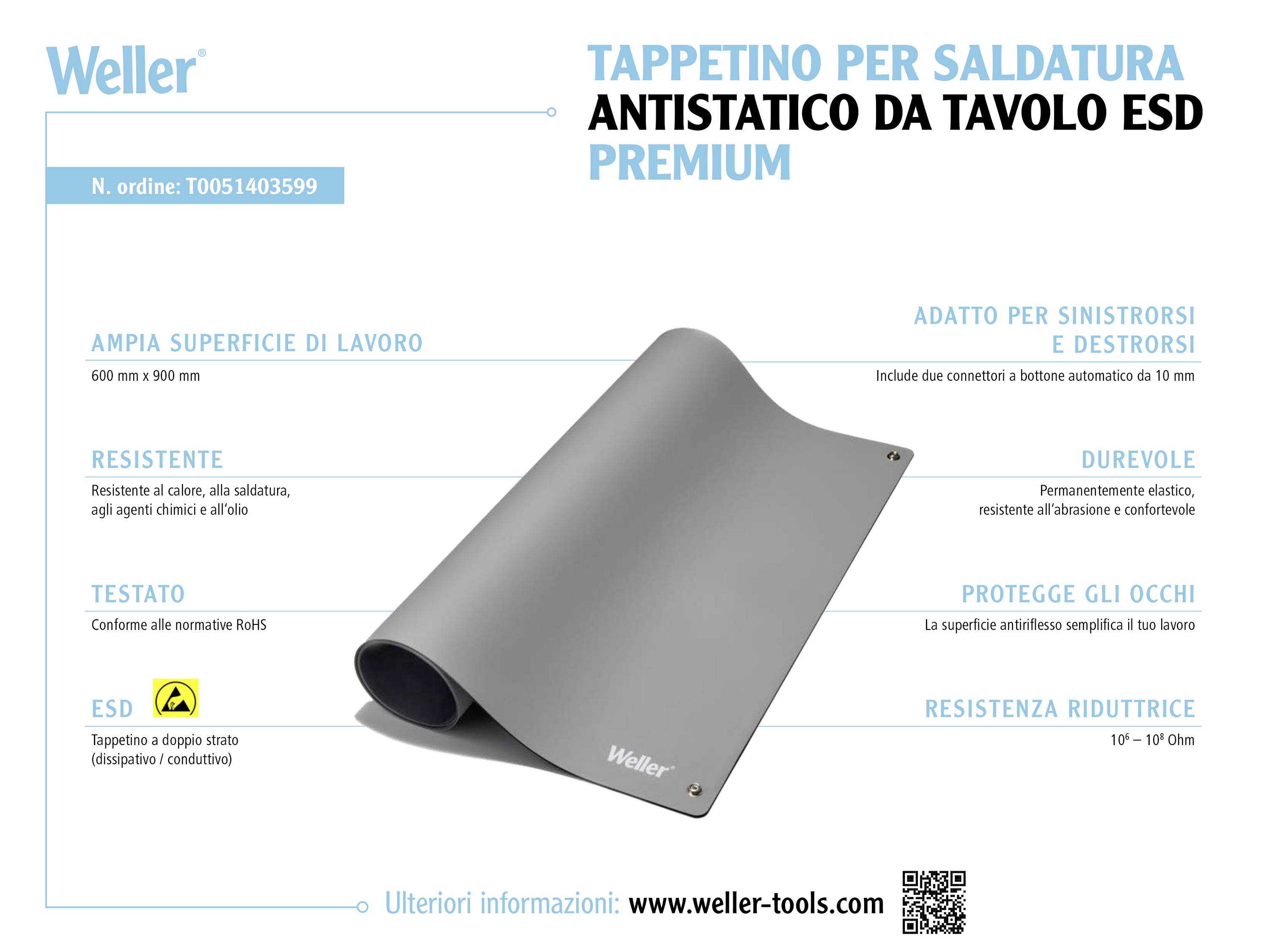 Tappetino antistatico ESD Premium Weller per tavolo, dettagli del prodotto a sinistra. Adatto a diversi ambienti di lavoro, durevole.