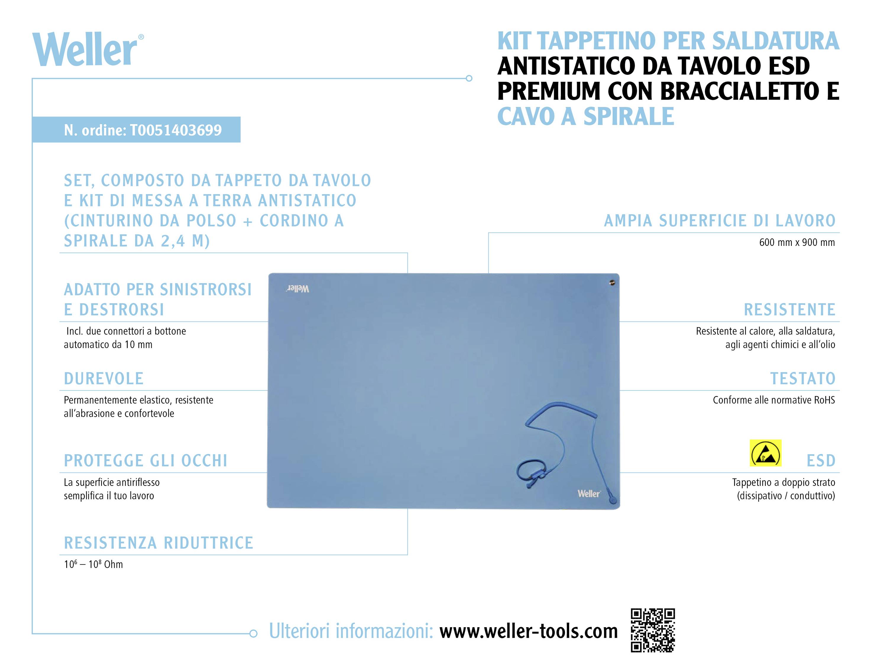 Tappetino antistatico per saldatura da tavolo Weller con bracciale e cavo a spirale. Ampia superficie di lavoro, adatto sia per mancini che per destrorsi.