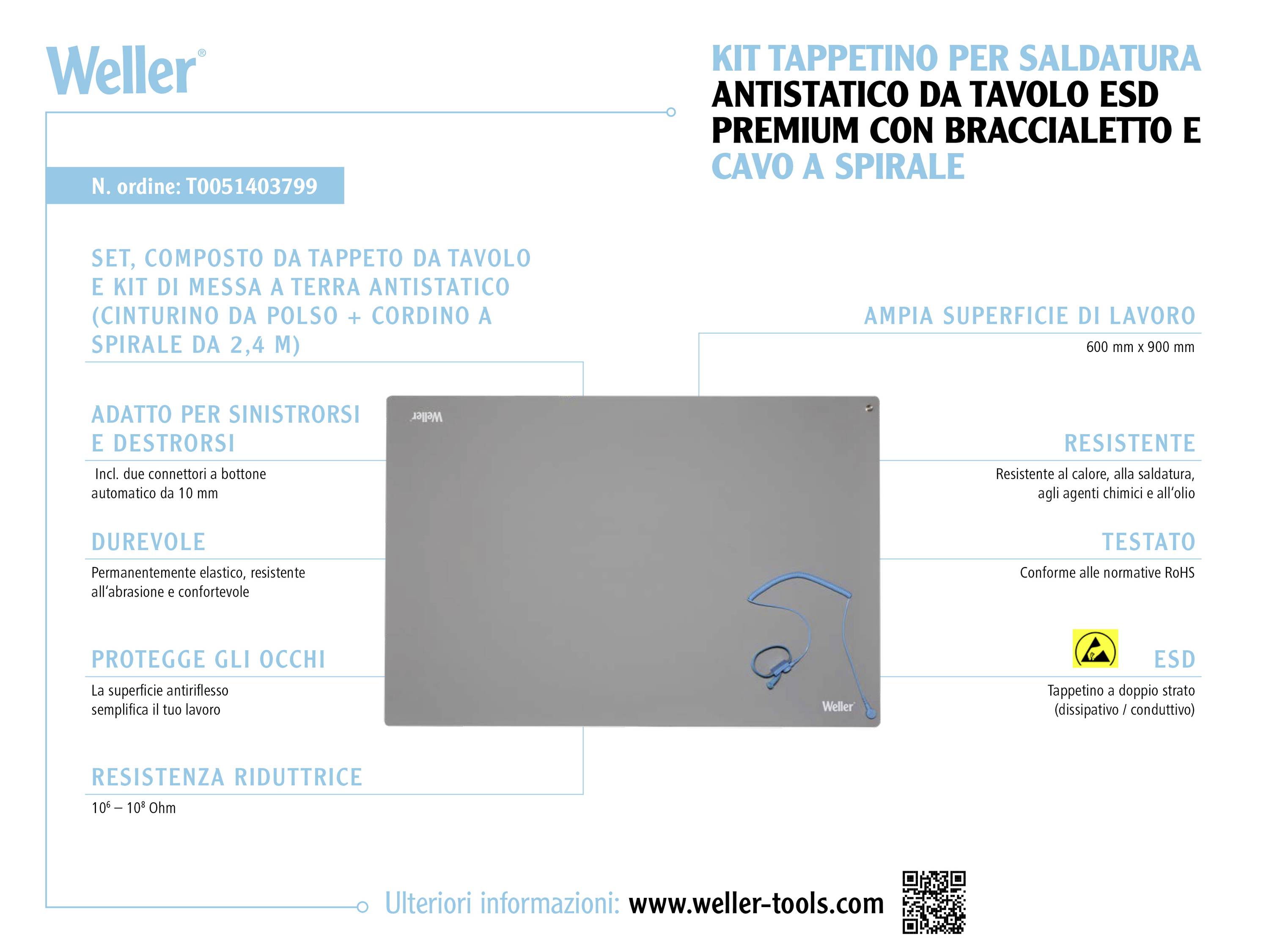 Set di tappetino antistatico per saldatura da tavolo Weller, inclusi bracciale e cavo a spirale. Dimensioni: 600 x 900 mm. Adatto a destrorsi e mancini.