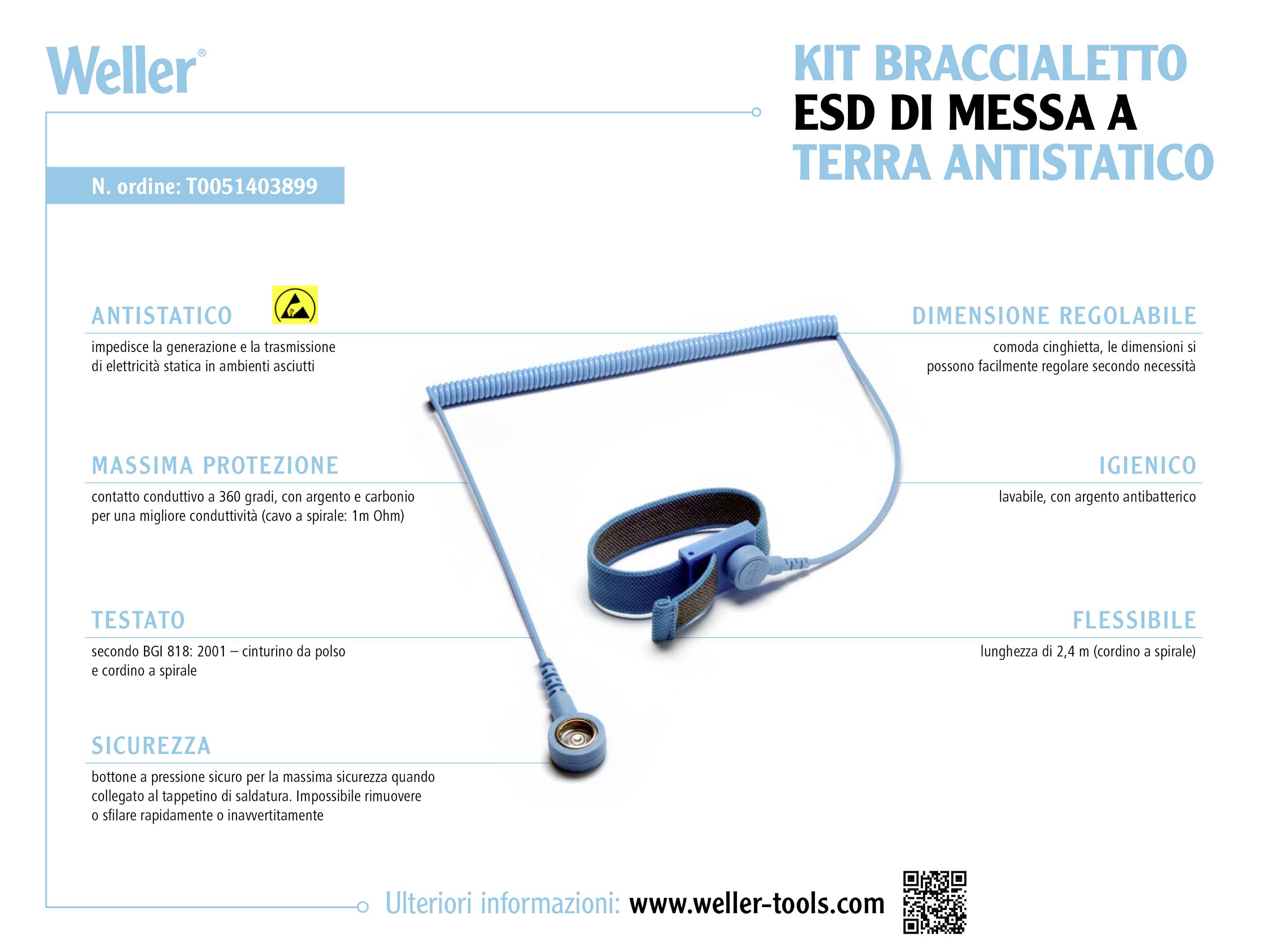 Set bracciale di messa a terra antistatico ESD di Weller con bracciale regolabile, protezione massima e cordino flessibile per la scarica elettrostatica.