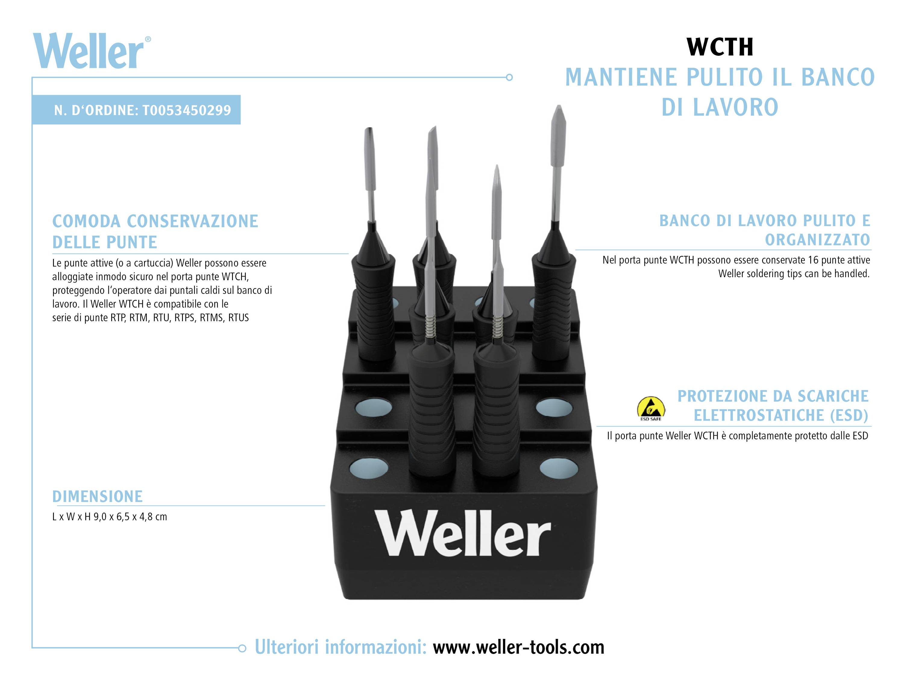 Supporto per punte saldatore Weller per un'area di lavoro ordinata. Mostra punte saldatore su un supporto.