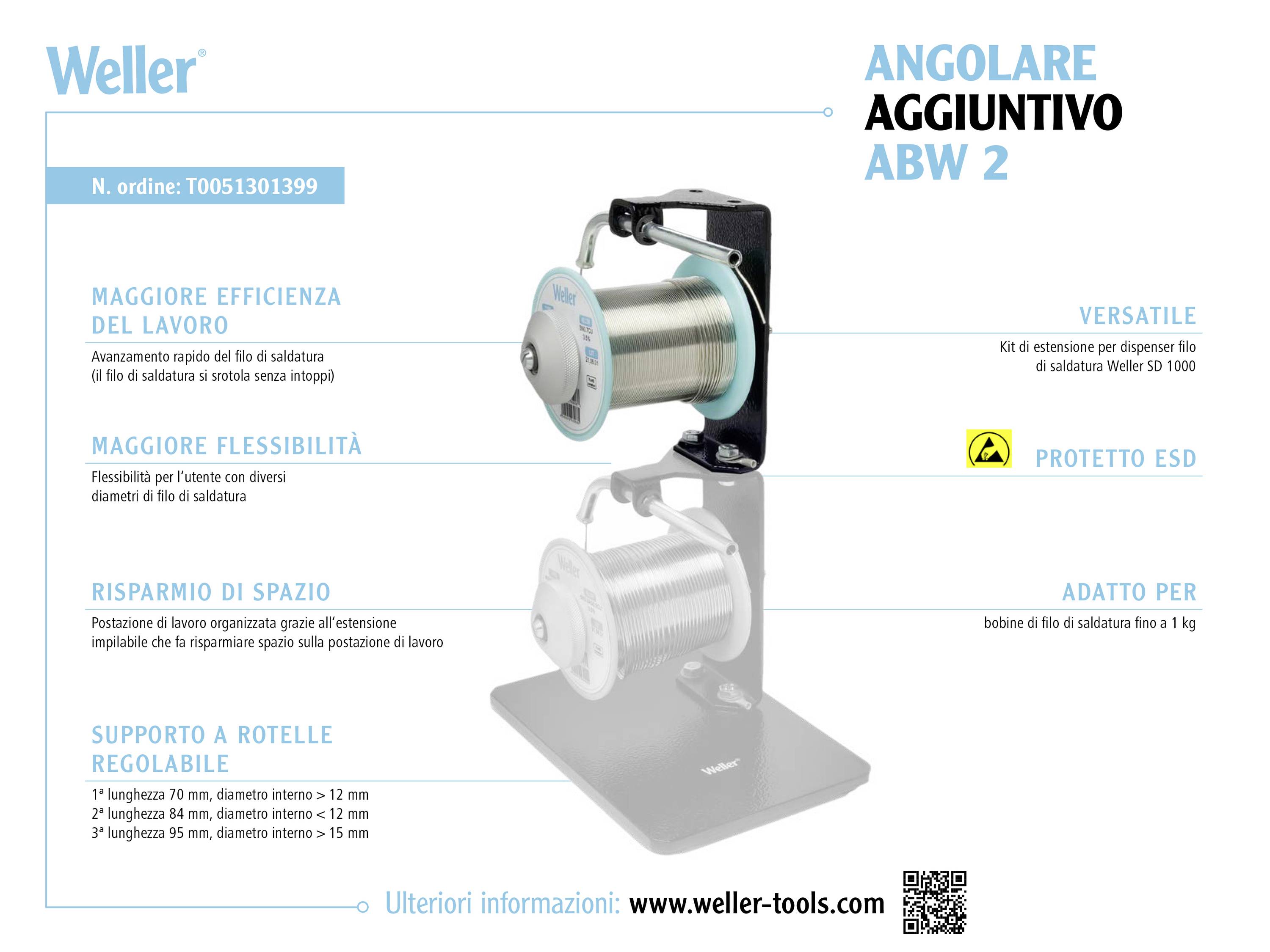 'Immagine pubblicitaria per Weller ABW 2 Angolo di montaggio'. Caratteristiche principali: maggiore efficienza lavorativa e flessibilità, compatto, sicuro per ESD, adatto per rulli fino a 1 kg.