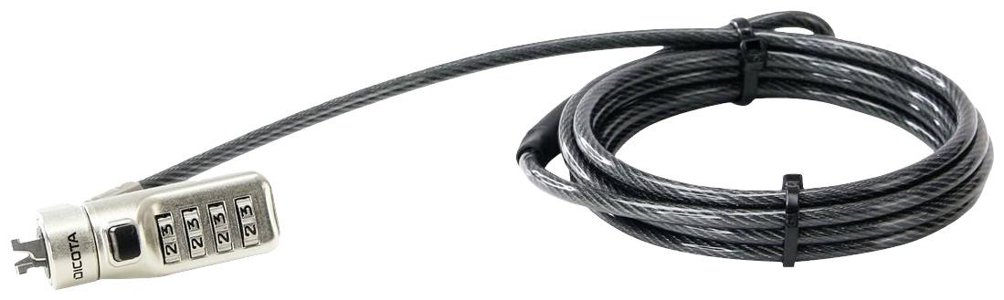 Un lucchetto numerico argentato con cavo, arrotolato su sé stesso. Viene utilizzato per proteggere oggetti come biciclette o laptop.