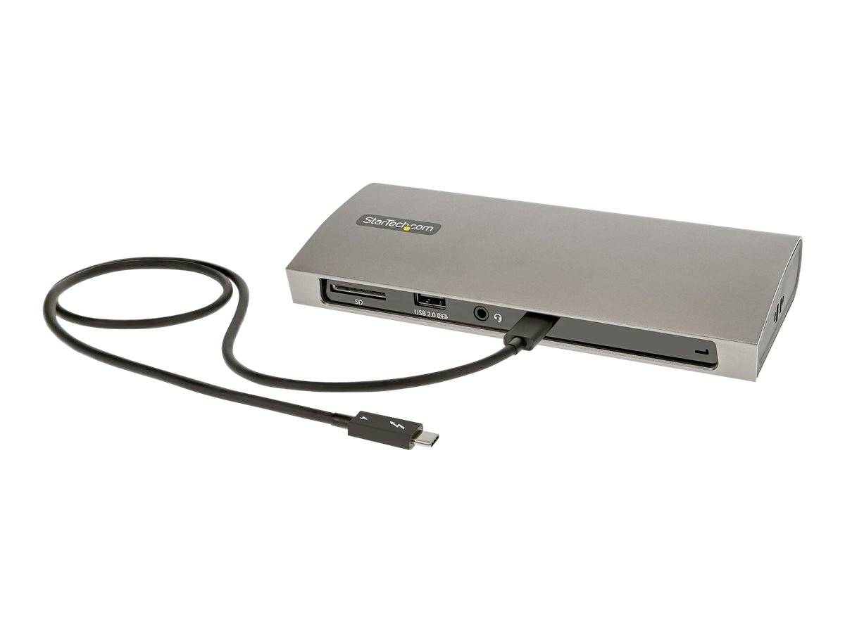 Stazione di aggancio per laptop in metallo con multiple porte, tra cui USB, HDMI ed Ethernet, e cavo USB-C rimovibile.