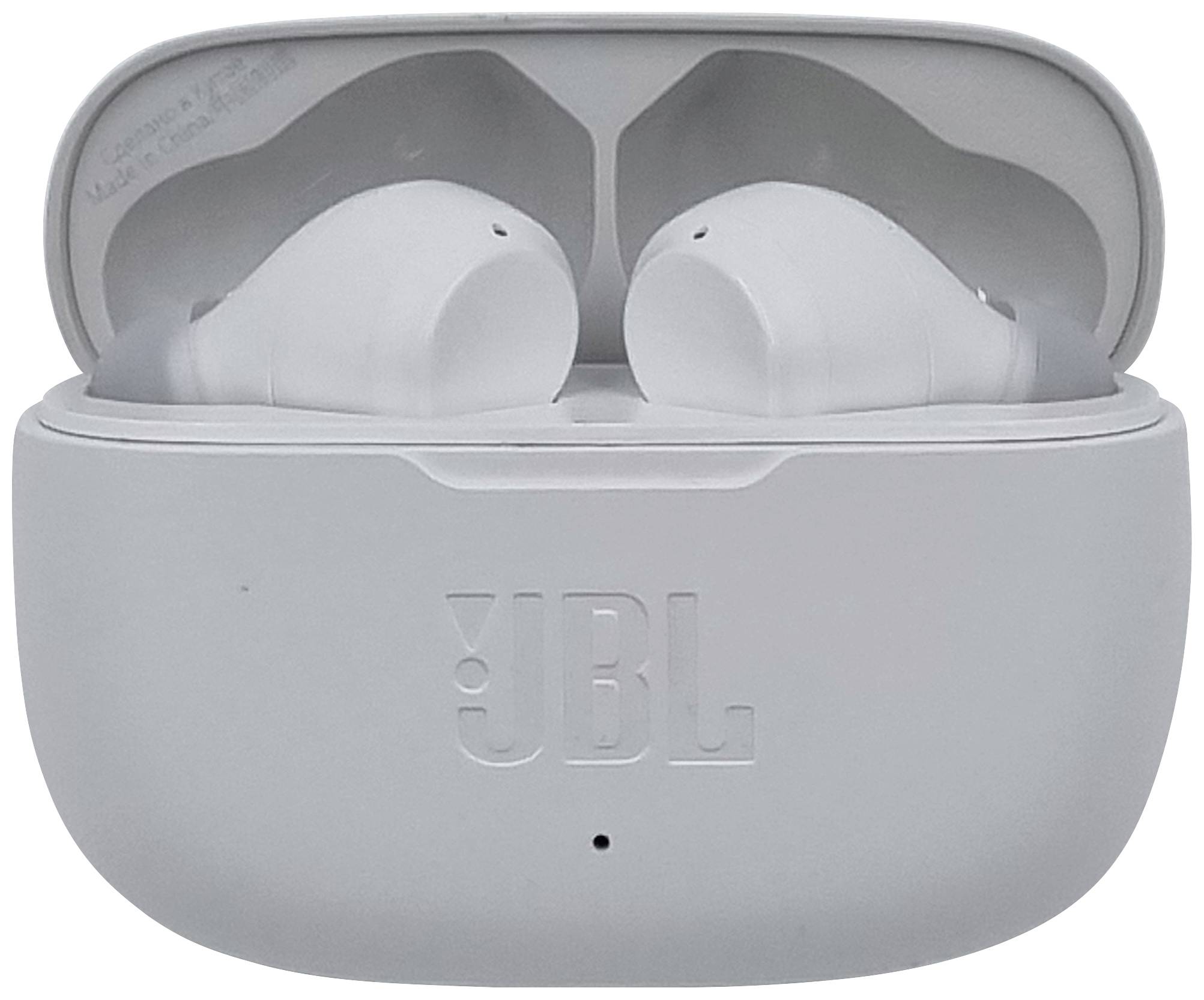 Auricolari wireless bianchi in un custodia di ricarica aperta con il logo 'JBL' sul davanti.