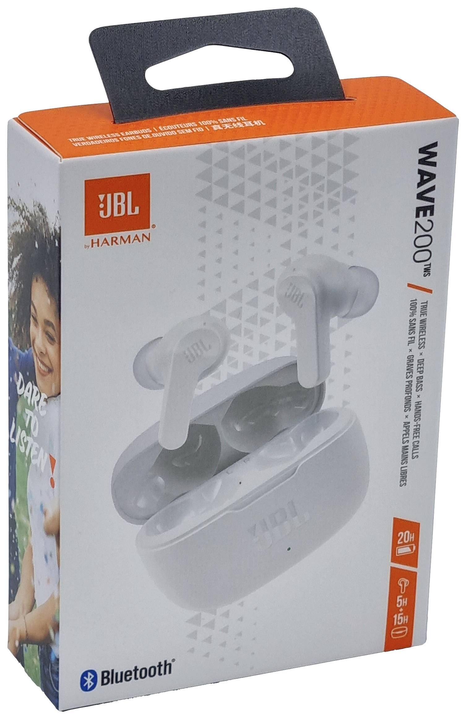 Confezione delle cuffie JBL Wave 200TWS, che mostra gli auricolari con custodia di ricarica, il logo Bluetooth e le indicazioni dell'autonomia della batteria.
