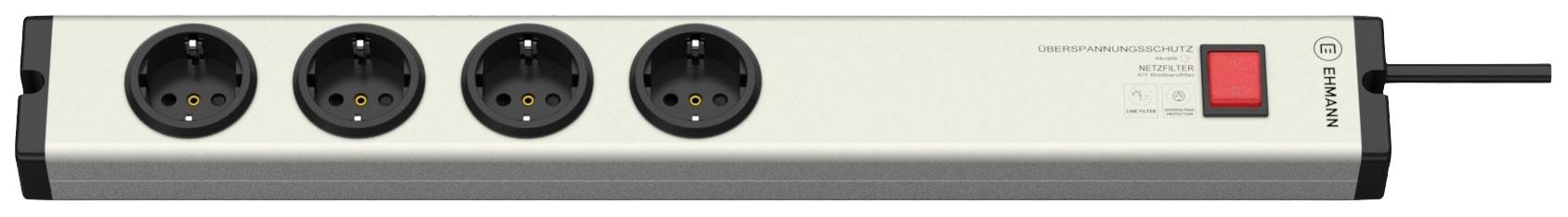 Una multipresa a quattro prese con un interruttore rosso di accensione/spegnimento. Ideale per l'ampliamento delle connessioni elettriche.