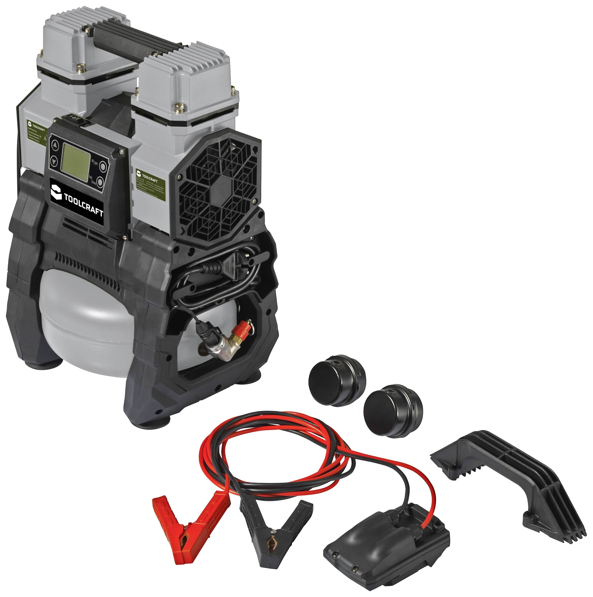Compressore portatile Toolcraft con accessori, inclusi morsetti per batteria e adattatori. Ideale per applicazioni mobili versatili.