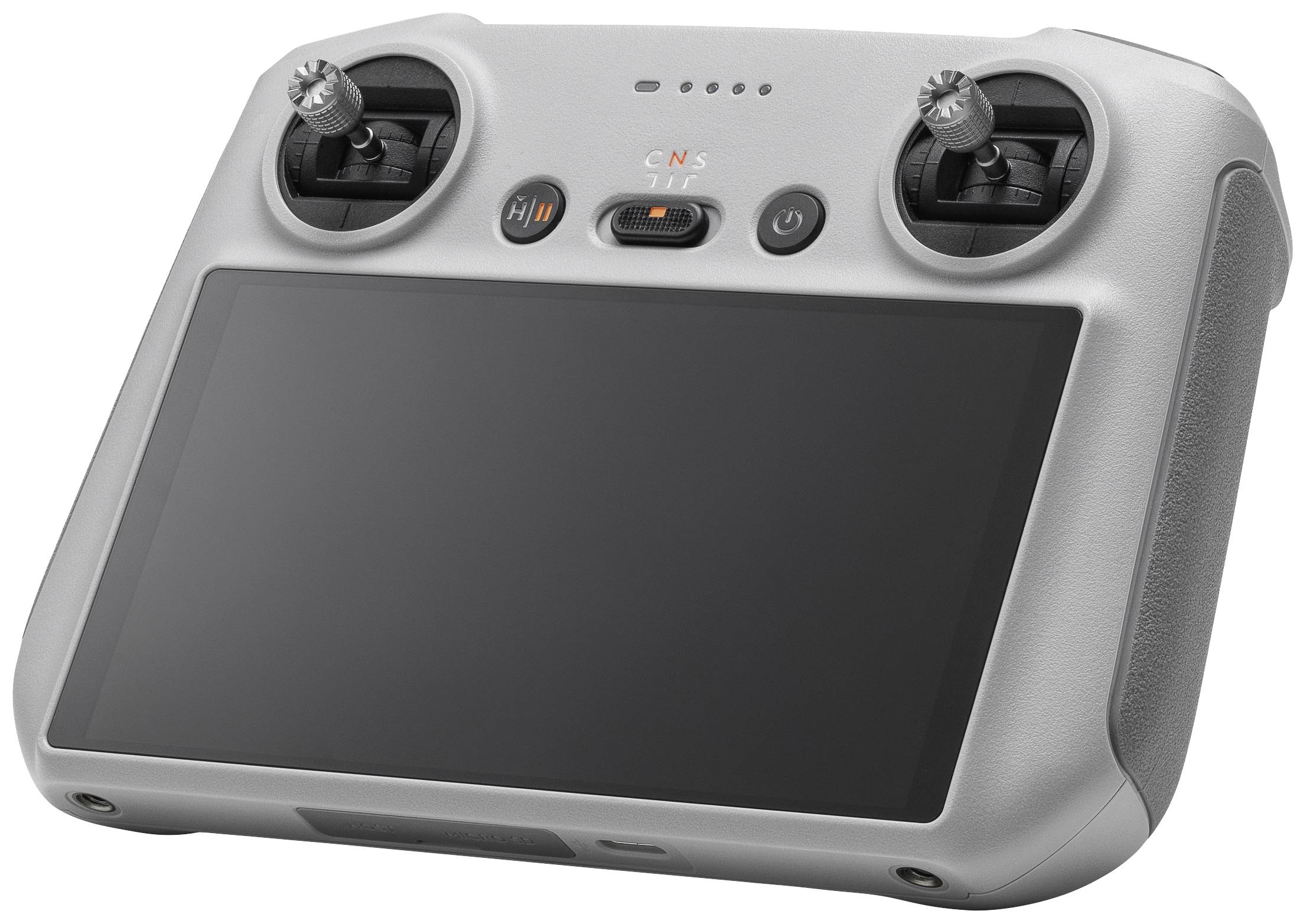 Un controller grigio con un grande schermo e due joystick, utilizzato per pilotare droni.