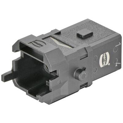 Connettore HARTING nero in forma rettangolare con multiple aperture ed etichettatura; idoneo per applicazioni industriali.