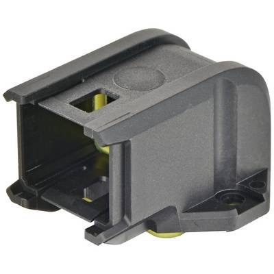 Componente tecnica in plastica nera con apertura rettangolare e dettagli gialli, probabilmente parte di un dispositivo o di un involucro tecnico.