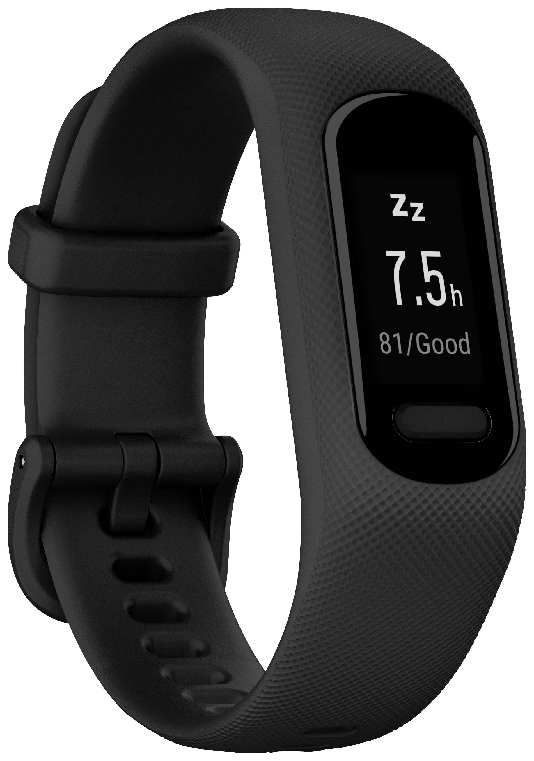 Smartwatch nera, mostra una durata del sonno di 7,5 ore con qualità del sonno 'Buona'.