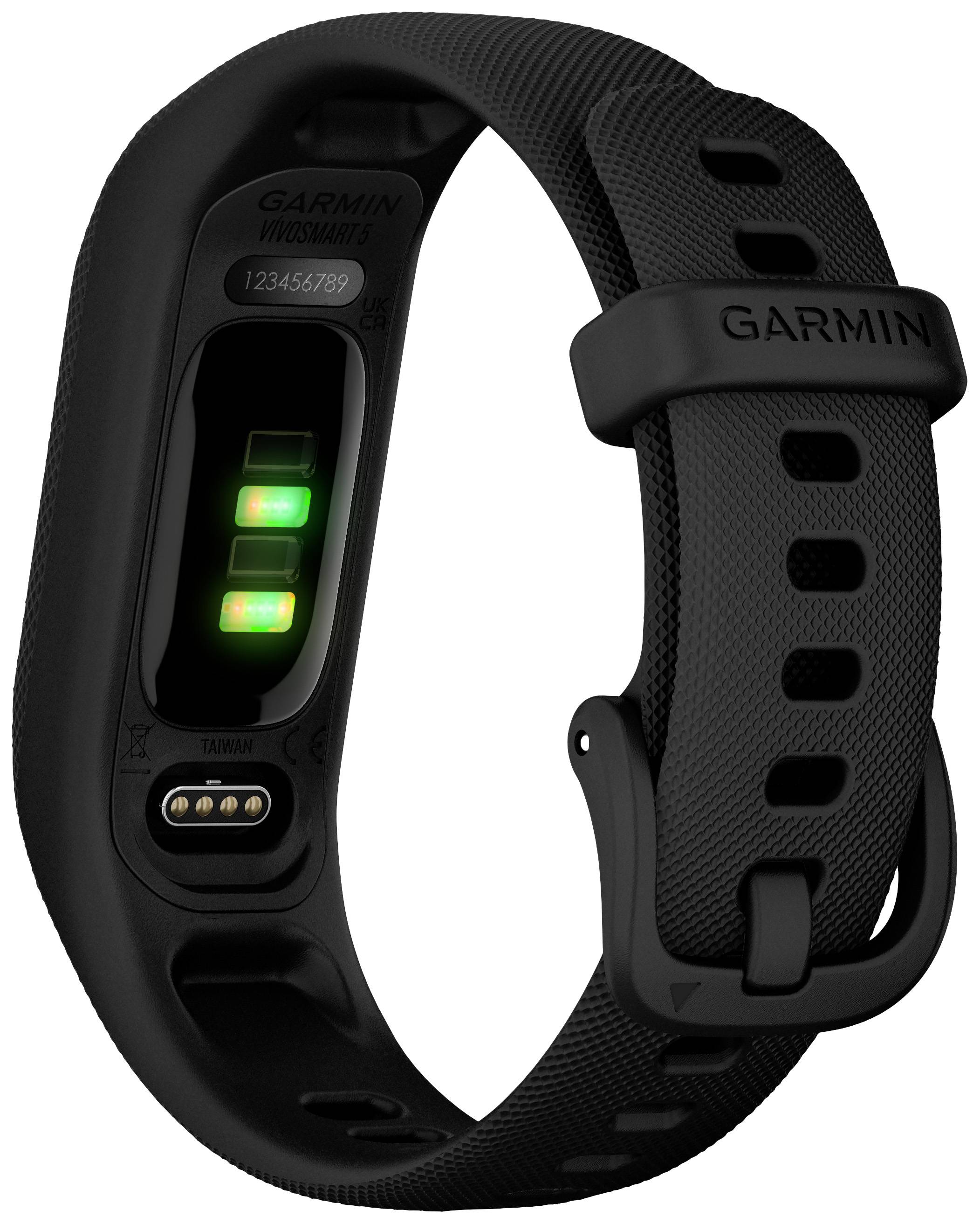 Braccialetto fitness nero con sensore luminoso verde e logo del marchio sul retro.