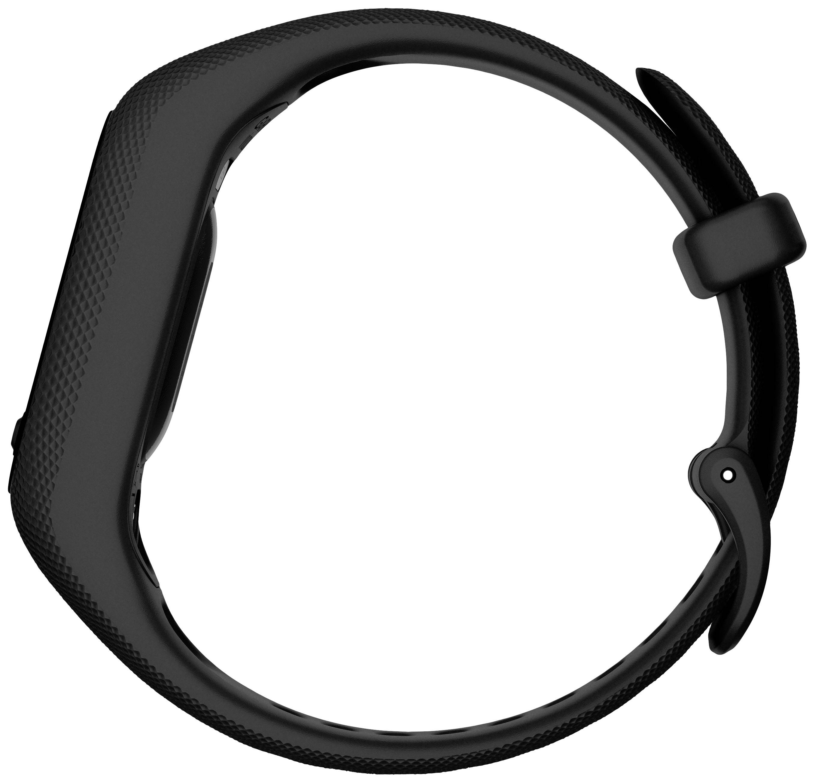 Un braccialetto nero con un dispositivo rettangolare, probabilmente un alloggiamento per smartwatch o fitness tracker, visto di lato.