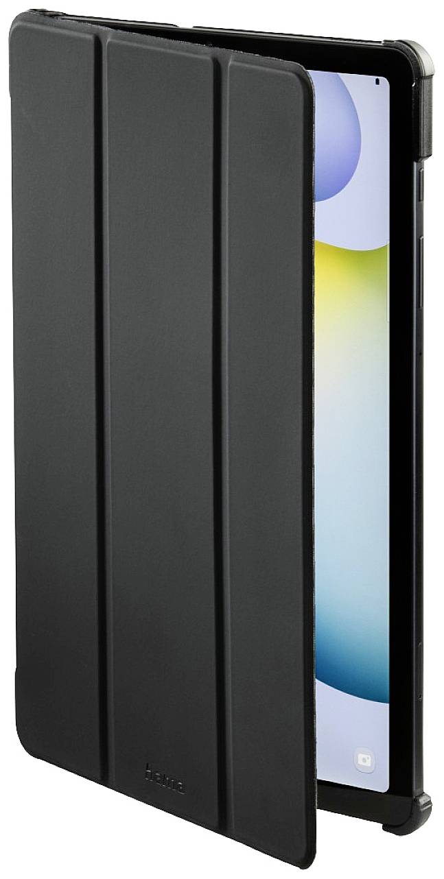Un custodia nera per tablet, parzialmente aperta, mostra uno schermo con un display di sfondo colorato.
