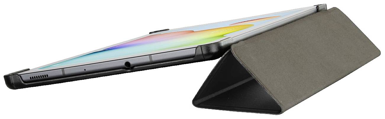 Tablet in una cover nera, posizionato di lato. Lo schermo mostra grafiche colorate. La cover è modellata a supporto.
