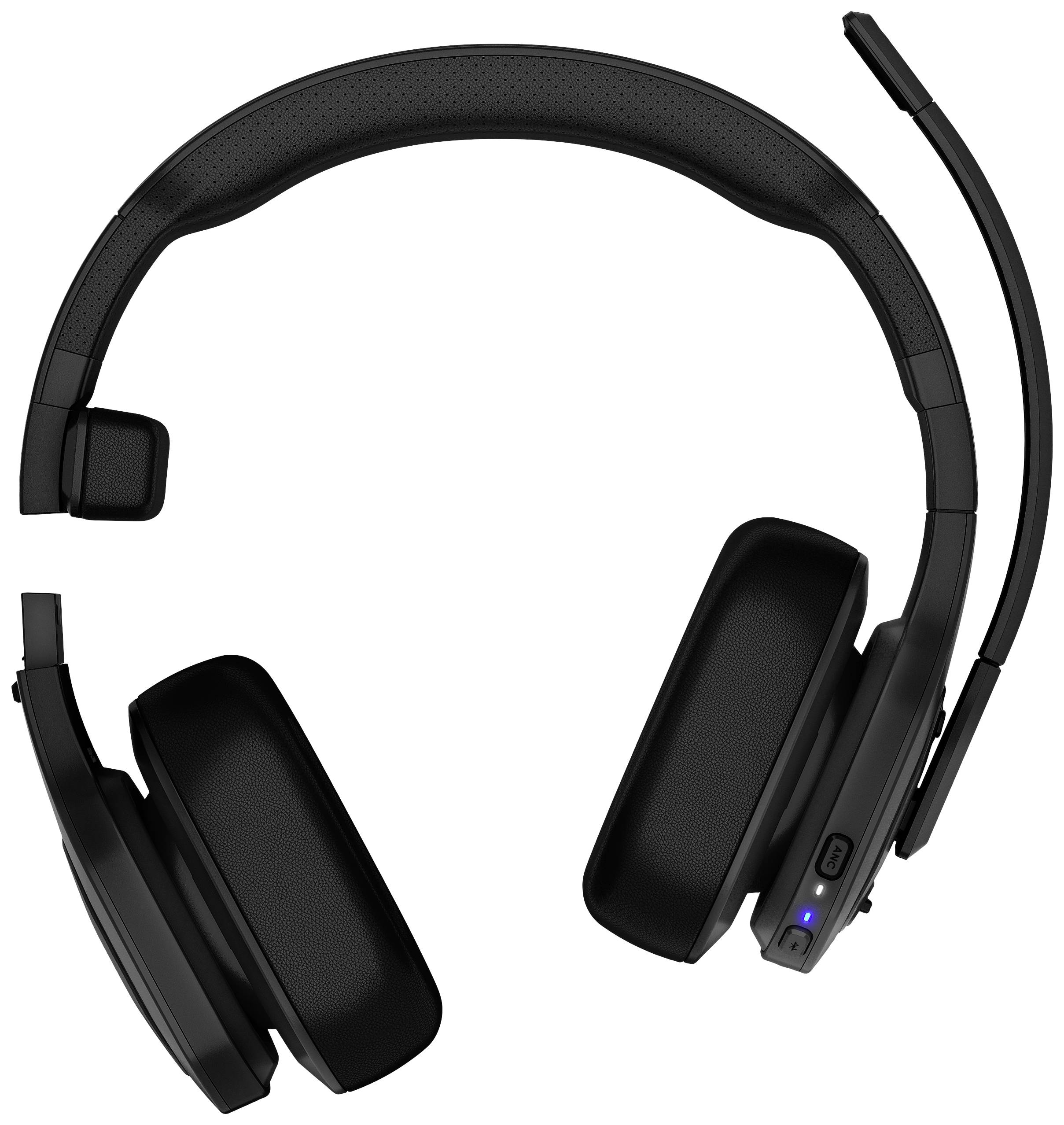 Cuffie wireless nere con microfono e pulsante di accensione illuminato, fotografate dall'alto. Adatte per chiamate audio.