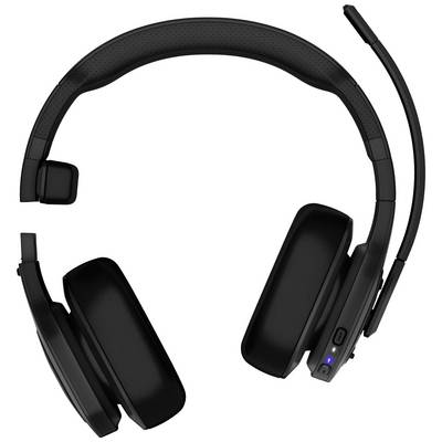 Cuffie wireless nere con microfono e pulsante di accensione illuminato, fotografate dall'alto. Adatte per chiamate audio.