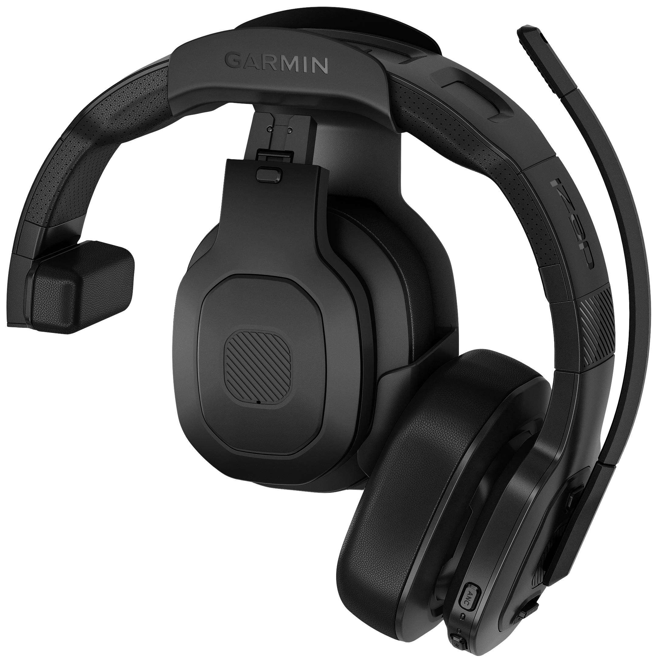 Un headset gaming nero con microfono del marchio Garmin, visibile dal lato frontale. Il design è moderno ed ergonomico.