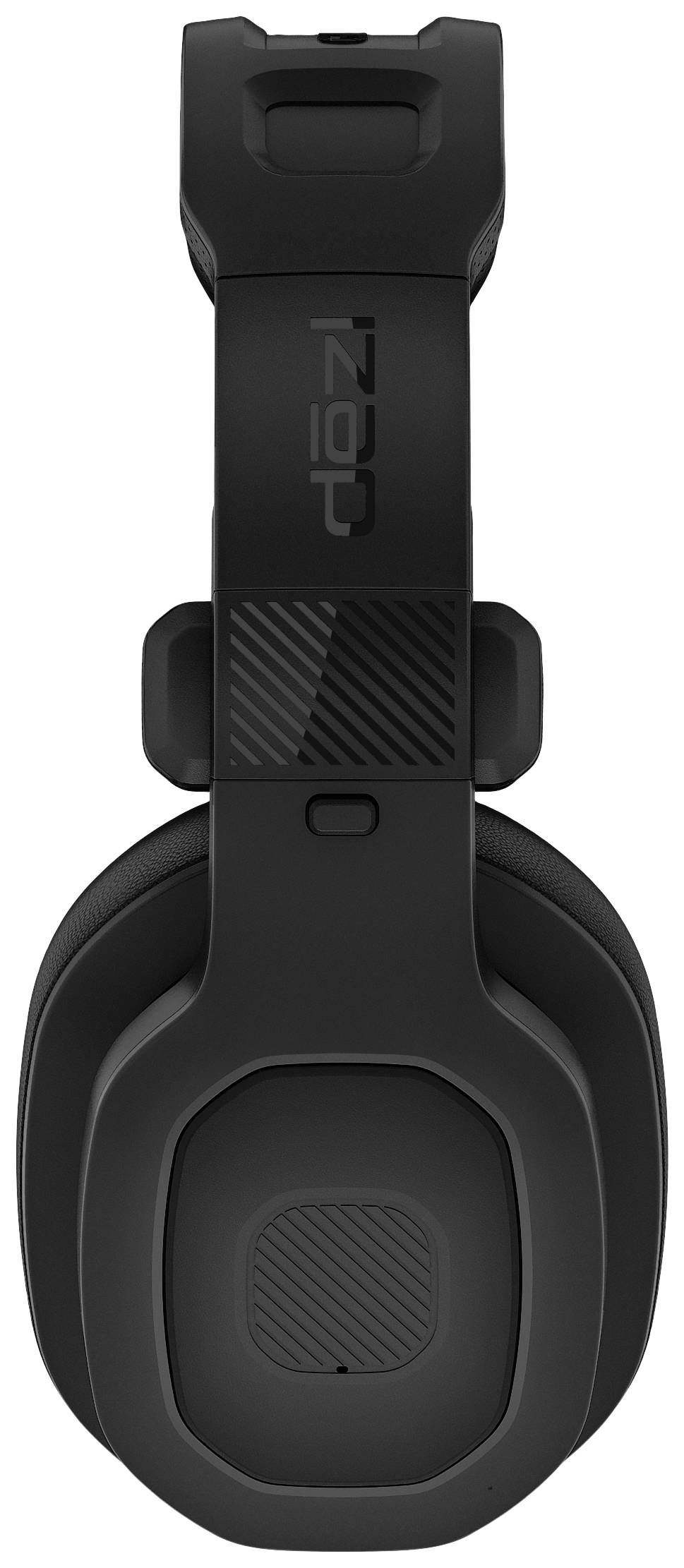 Cuffie over-ear nere in plastica con archetto e padiglioni imbottiti; vista laterale.
