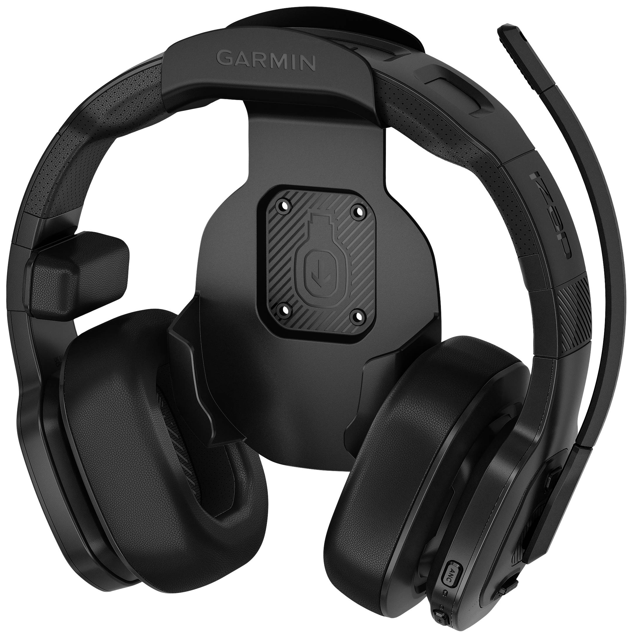 Cuffie da gaming nere con microfono e sospensione sovratesta caratteristica. Portano il marchio 'Garmin'.