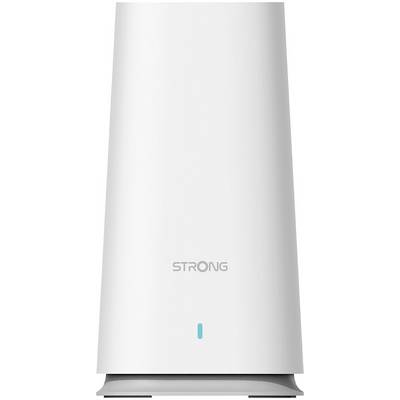 Un router Wi-Fi bianco con la scritta 'STRONG' e un piccolo indicatore luminoso blu sotto di esso, in posizione verticale.