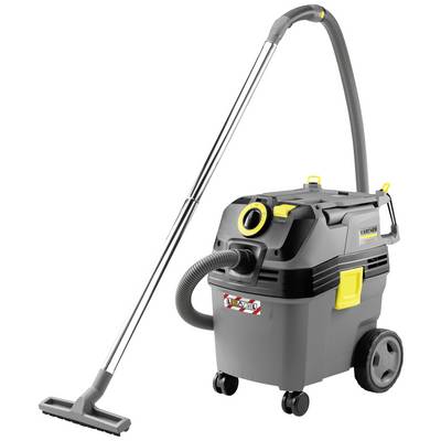 Aspiratore industriale con dettagli gialli, serbatoio grande e ruote, adatto per l'uso in officine o per lavori di pulizia.