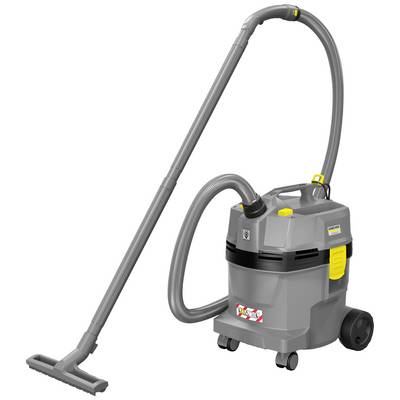 Un aspiratore industriale grigio con accenti gialli, dotato di un lungo tubo di aspirazione e quattro ruote per una facile mobilità.