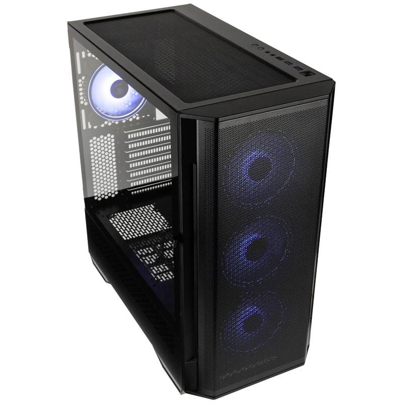Un PC desktop in un case nero con quattro ventole blu illuminate, di cui tre montate sul lato anteriore e una sul retro.