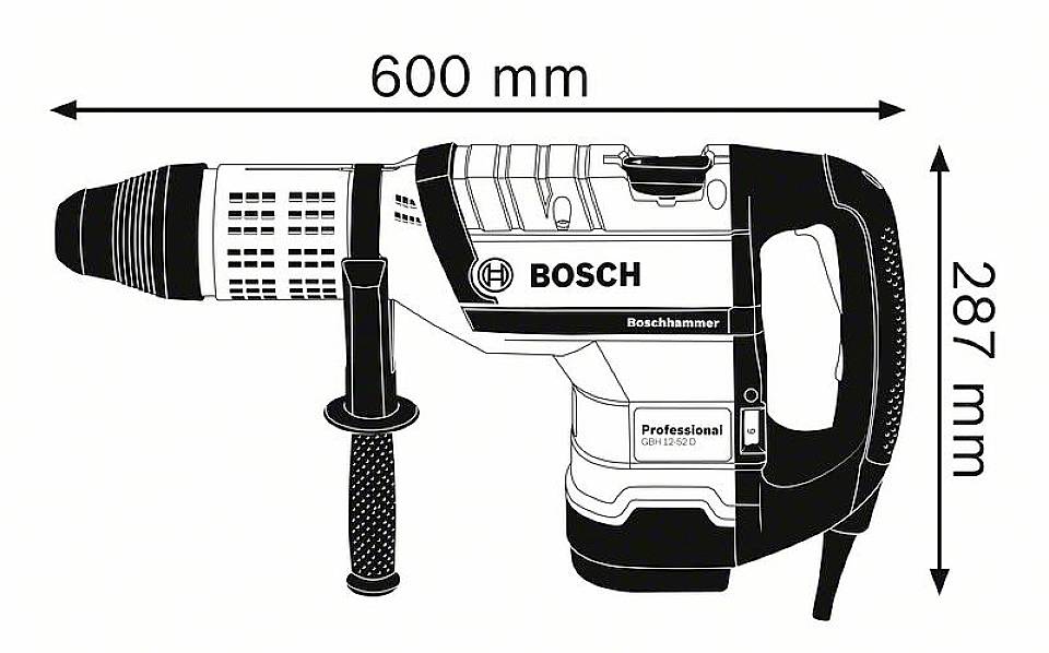 Illustrazione di un martello perforatore Bosch con lunghezza di 600 mm e altezza di 287 mm. Il dispositivo è dotato di un impugnatura ergonomica.